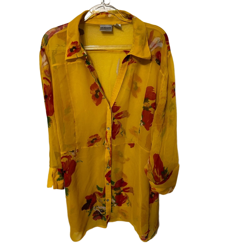 🐾Chico's Bright Yellow floral  Blouse size 3 GUC